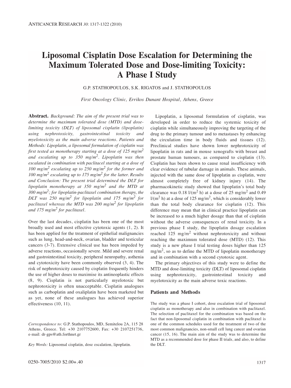 Liposomal Cisplatin Dose Escalation for Determining the Maximum Tolerated Dose and Dose-Limiting Toxicity: a Phase I Study