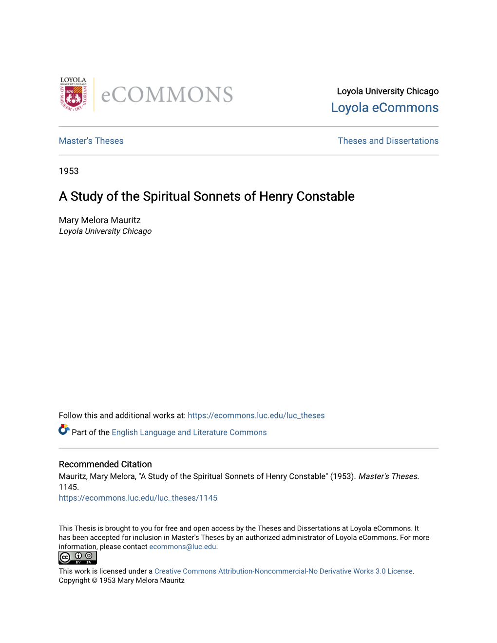 A Study of the Spiritual Sonnets of Henry Constable
