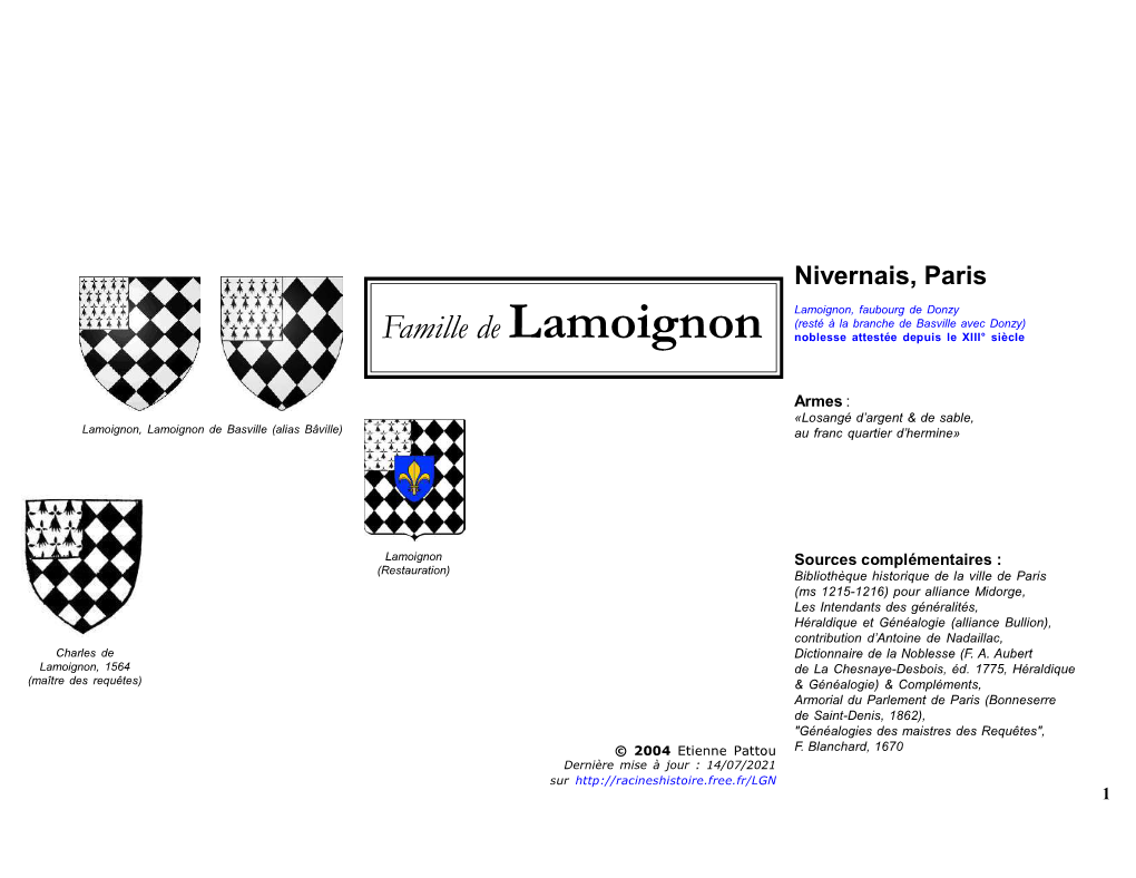 Famille De Lamoignon Noblesse Attestée Depuis Le XIII° Siècle