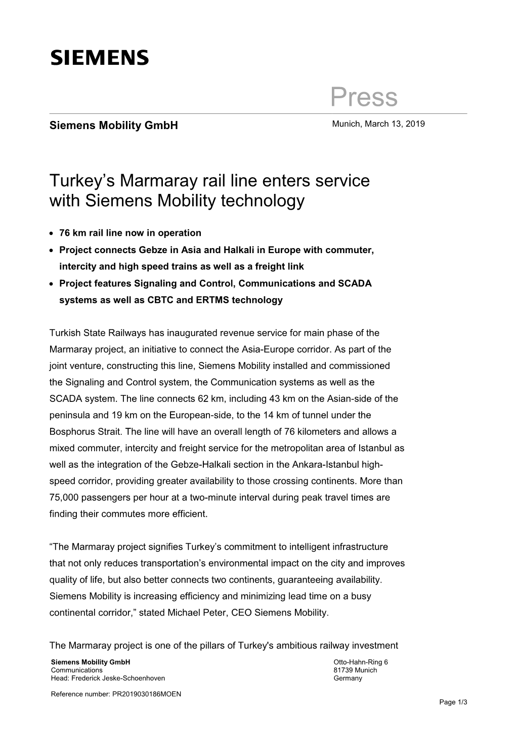 Turkey's Marmaray Rail Line Enters Service with Siemens Mobility Technology