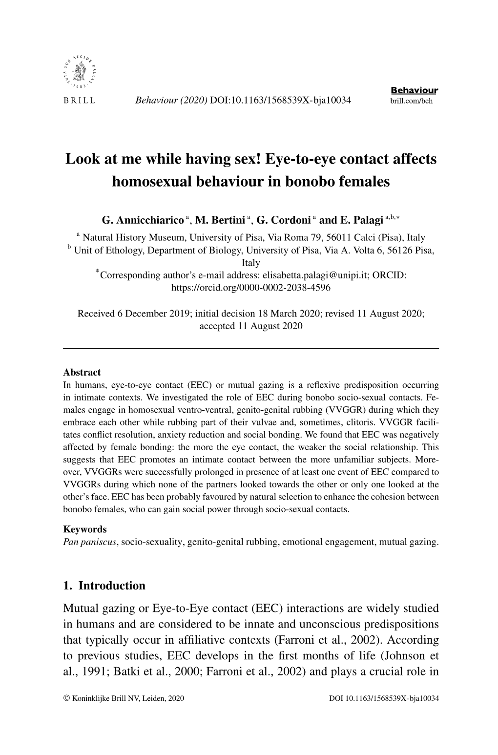 Eye-To-Eye Contact Affects Homosexual Behaviour in Bonobo Females