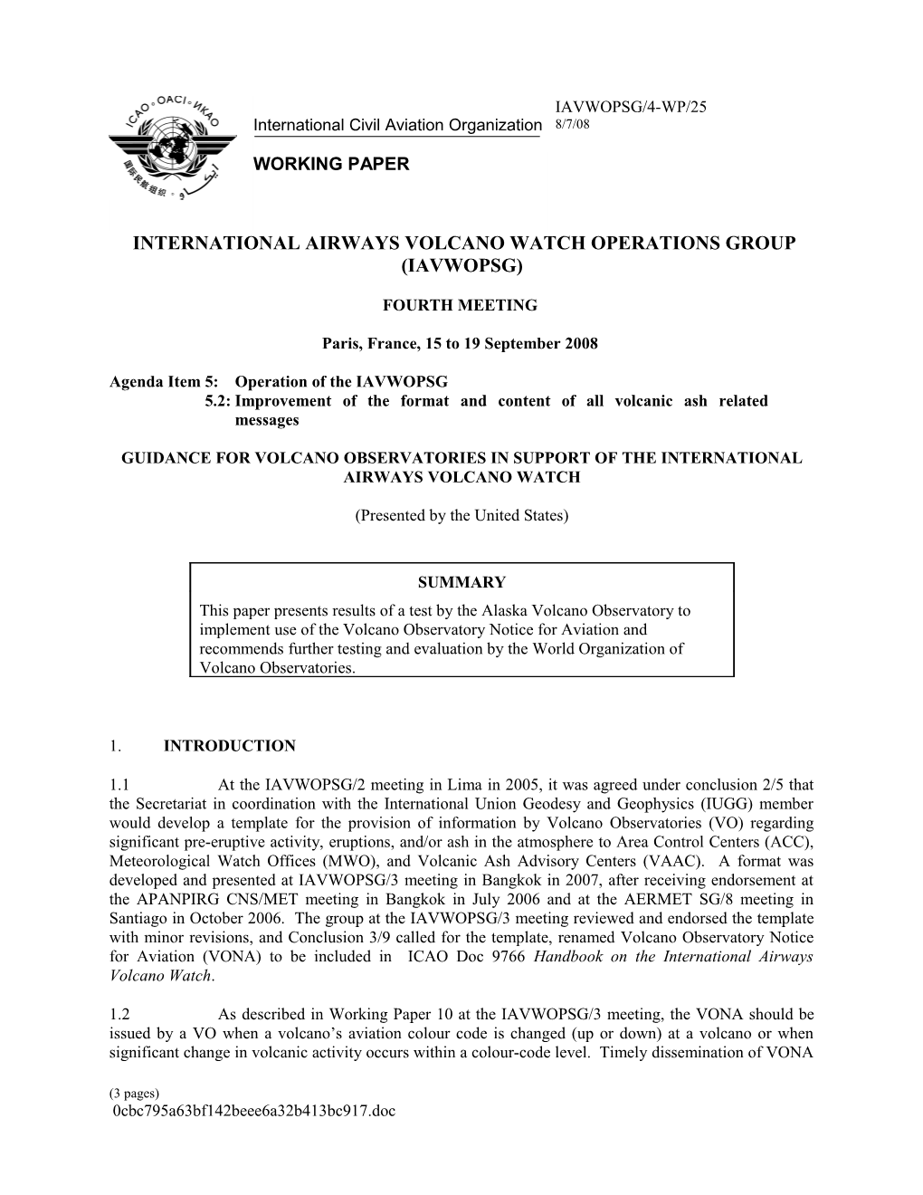 Guidance for Volcano Observatories in Support of the International Airways Volcano Watch