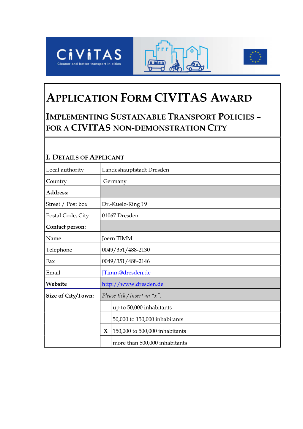 Application Form Civitas Award Implementing Sustainable Transport Policies