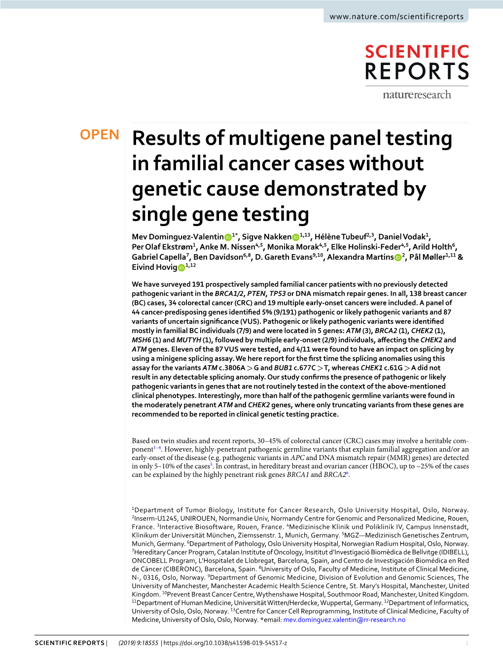 Results of Multigene Panel Testing in Familial Cancer Cases Without