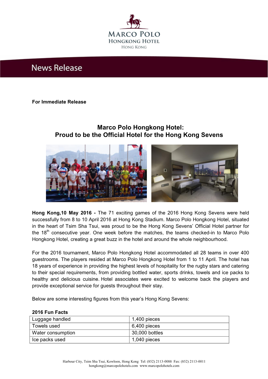 Marco Polo Hongkong Hotel: Proud to Be the Official Hotel for the Hong Kong Sevens