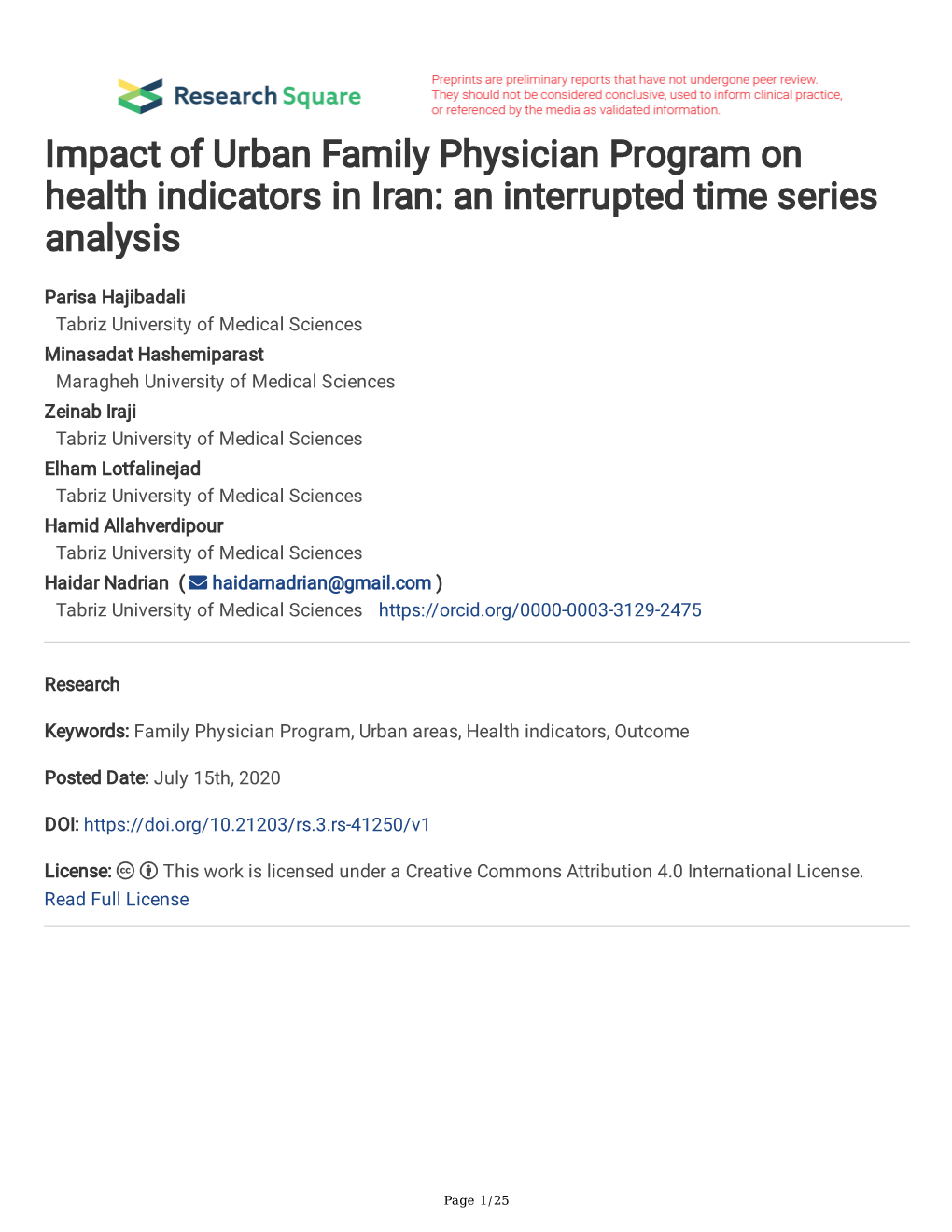 Impact of Urban Family Physician Program on Health Indicators in Iran: an Interrupted Time Series Analysis