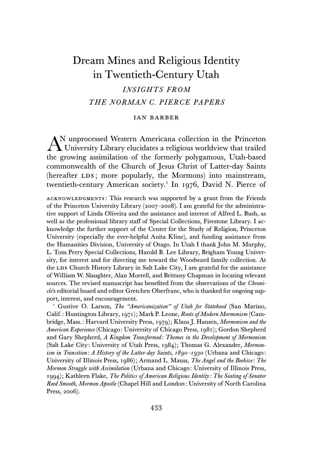 Dream Mines and Religious Identity in Twentieth-Century Utah I Ns Ights from the Norman C