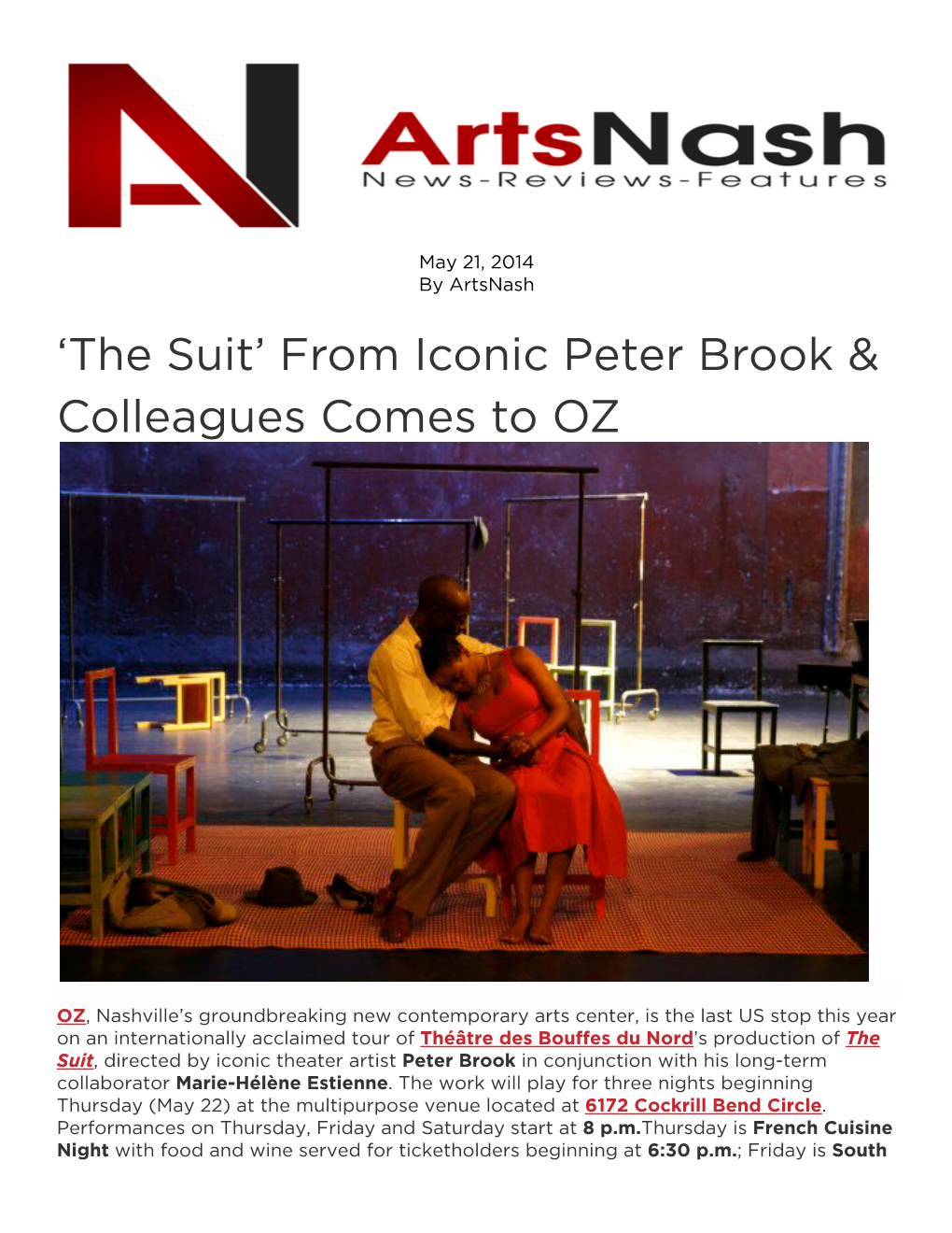 The Suit’ from Iconic Peter Brook & Colleagues Comes to OZ