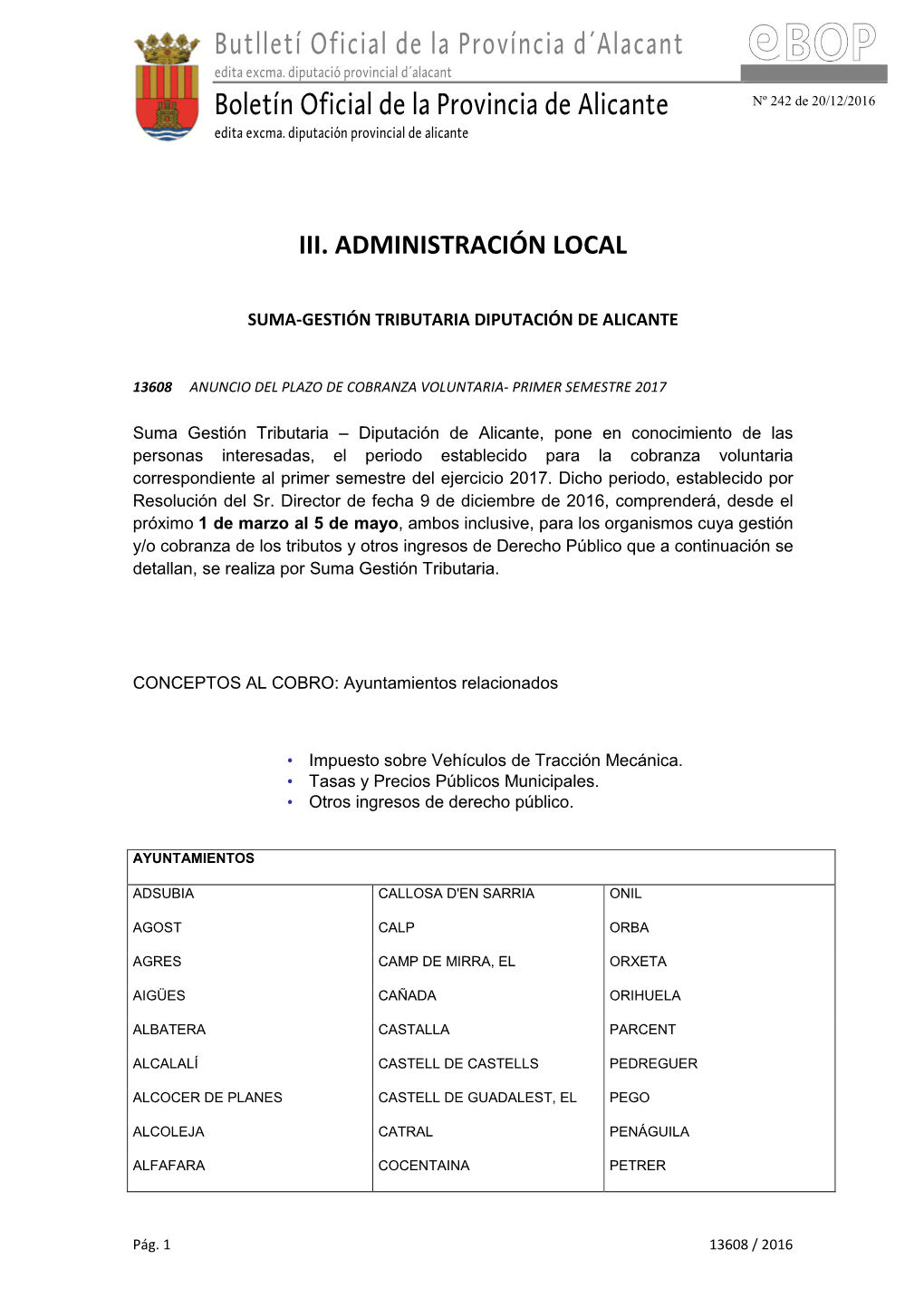 Butlletí Oficial De La Província D´Alacant Boletín Oficial De La Provincia De Alicante