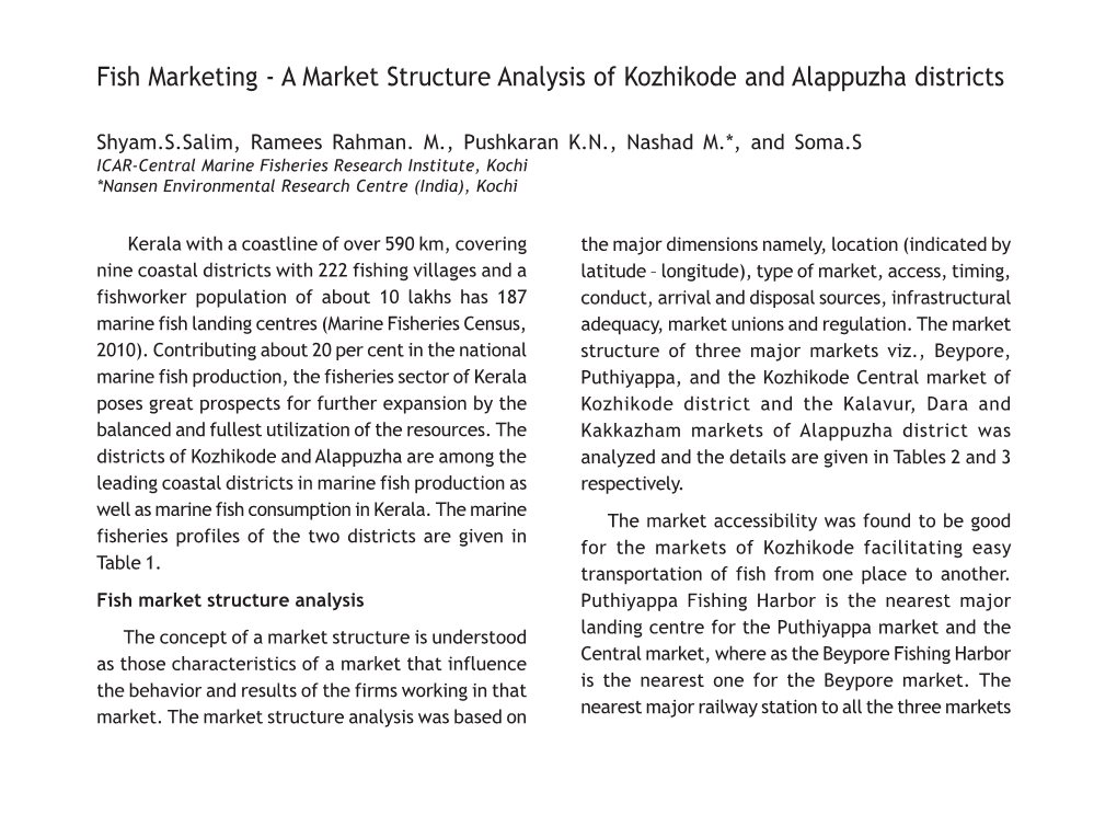 Fish Marketing - a Market Structure Analysis of Kozhikode and Alappuzha Districts