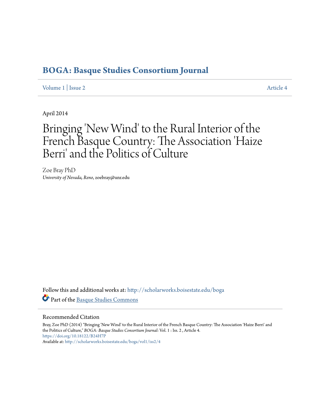 To the Rural Interior of the French Basque Country: the Association 'Haize Berri' and the Politics of Culture Zoe Bray Phd University of Nevada, Reno, Zoebray@Unr.Edu