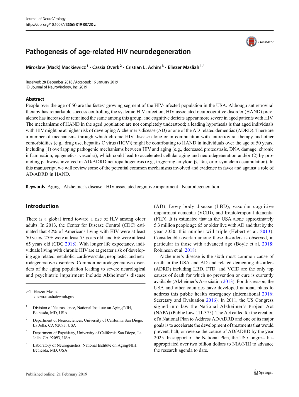 Pathogenesis of Age-Related HIV Neurodegeneration