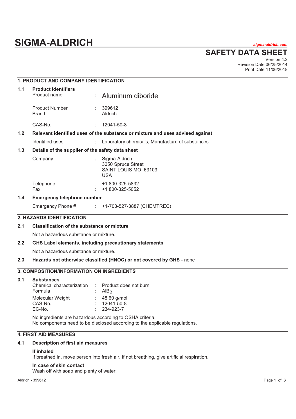 SIGMA-ALDRICH Sigma-Aldrich.Com SAFETY DATA SHEET Version 4.3 Revision Date 06/25/2014 Print Date 11/06/2018