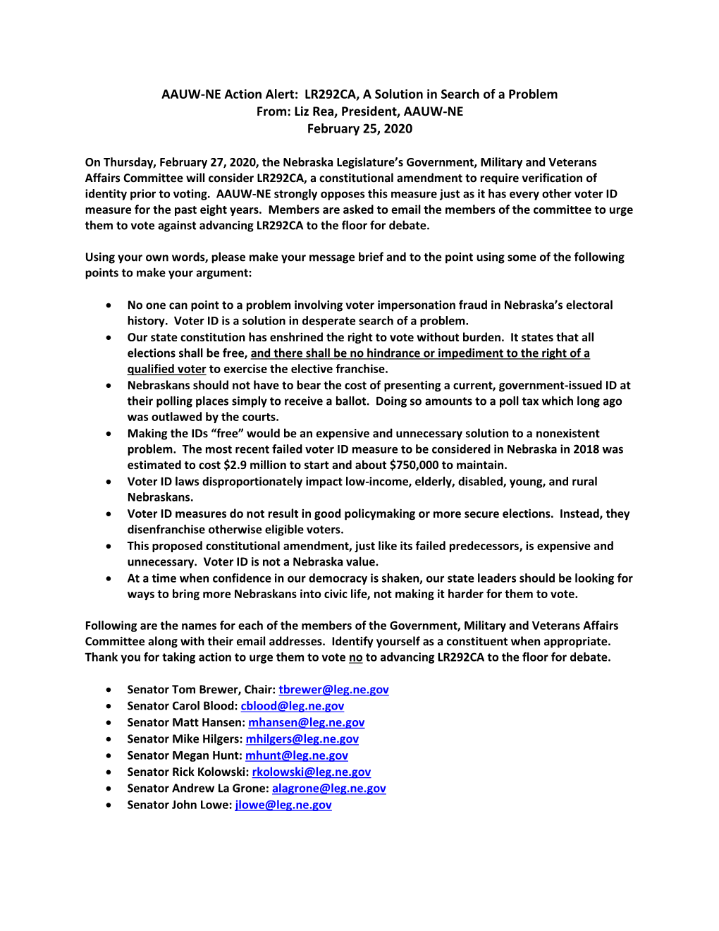 AAUW-NE Action Alert: LR292CA, a Solution in Search of a Problem From: Liz Rea, President, AAUW-NE February 25, 2020