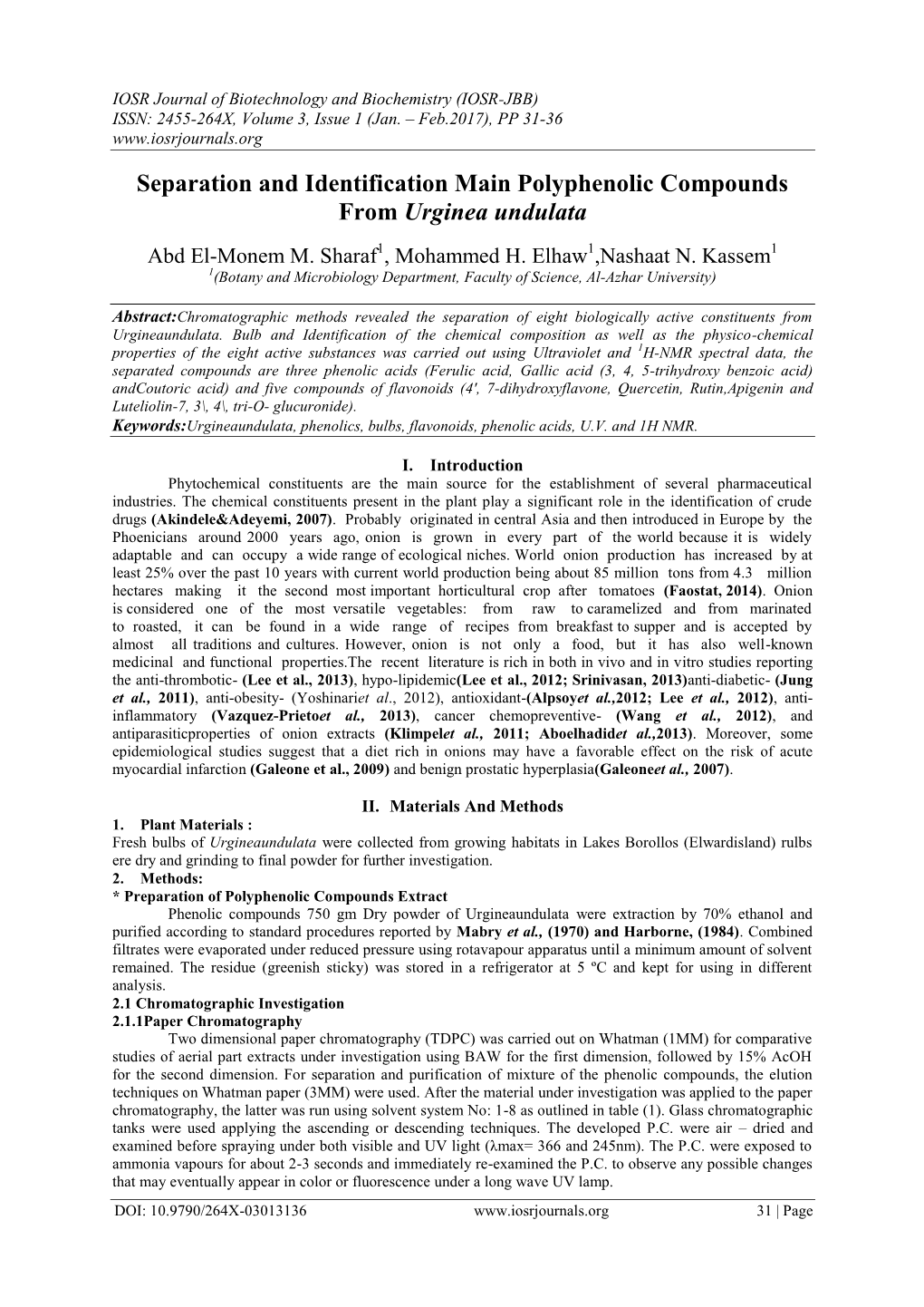 Separation and Identification Main Polyphenolic Compounds from Urginea Undulata