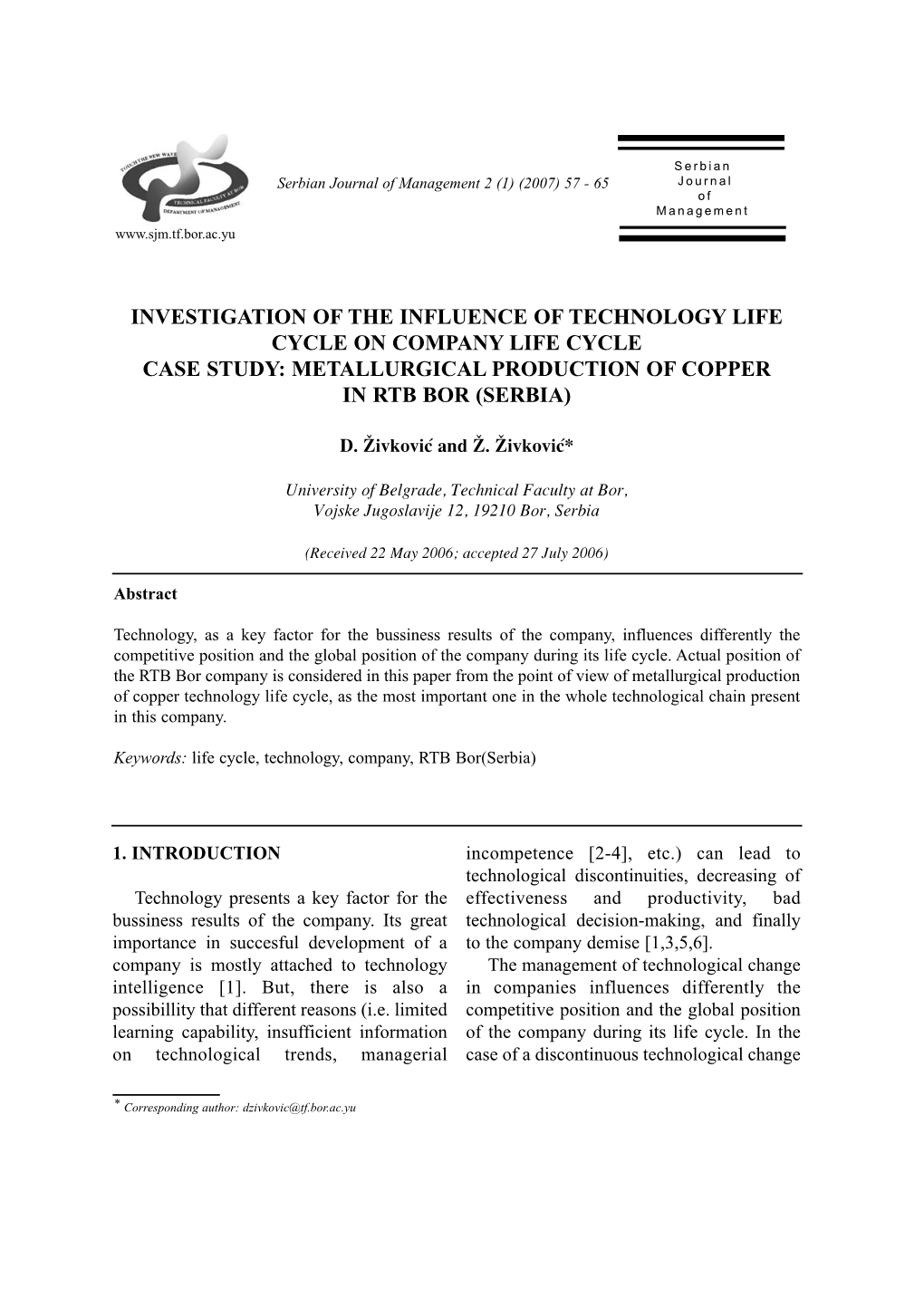 Investigation of the Influence of Technology Life Cycle on Company Life Cycle Case Study: Metallurgical Production of Copper in Rtb Bor (Serbia)