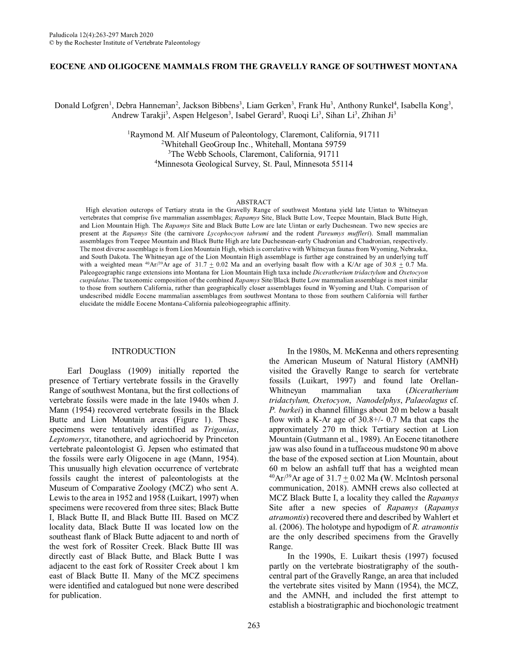 263 Eocene and Oligocene Mammals from the Gravelly