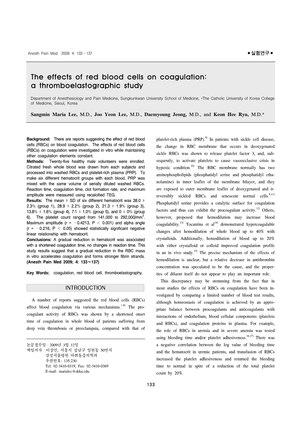 The Effects of Red Blood Cells on Coagulation: a Thromboelastographic Study