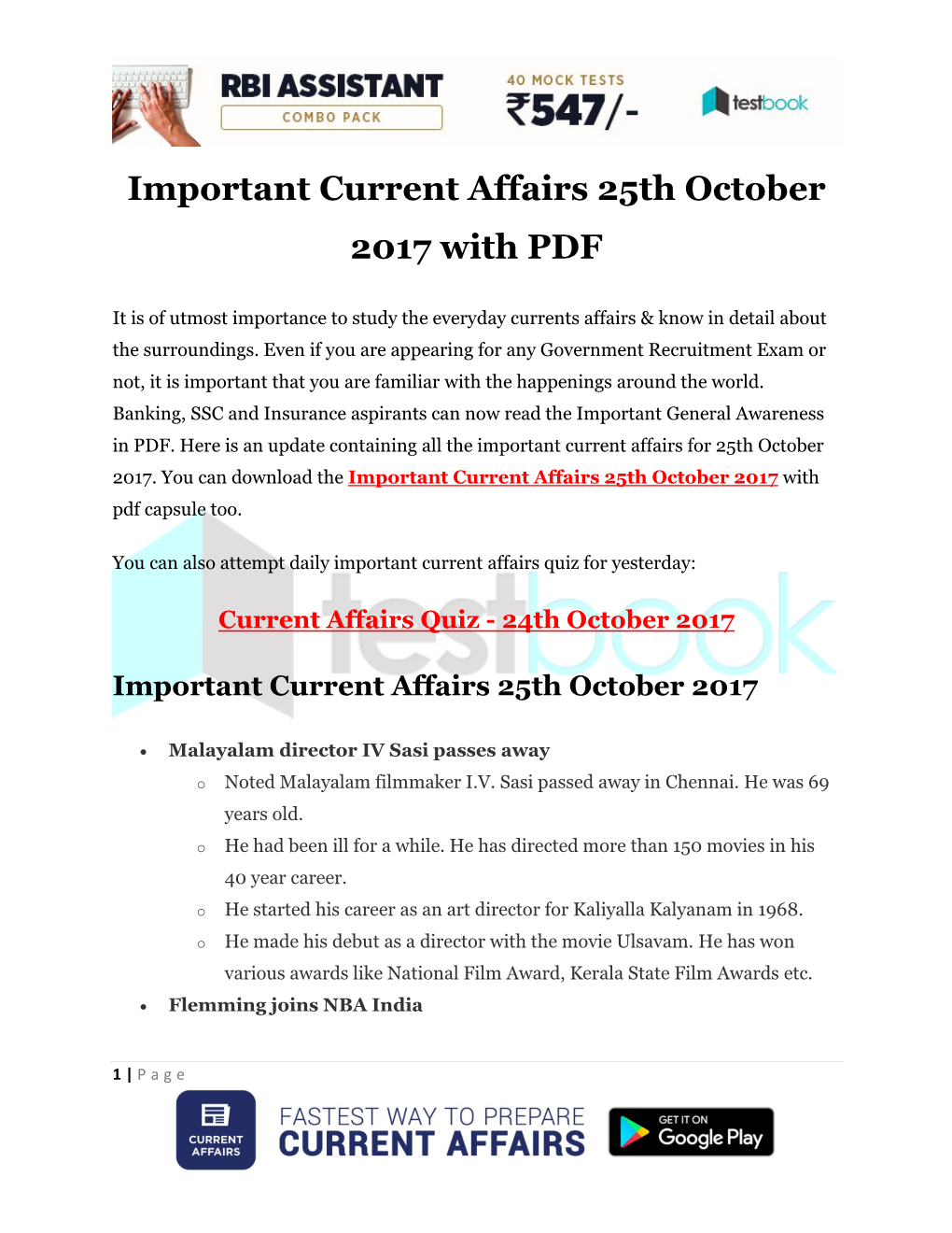 Important Current Affairs 25Th October 2017 with PDF