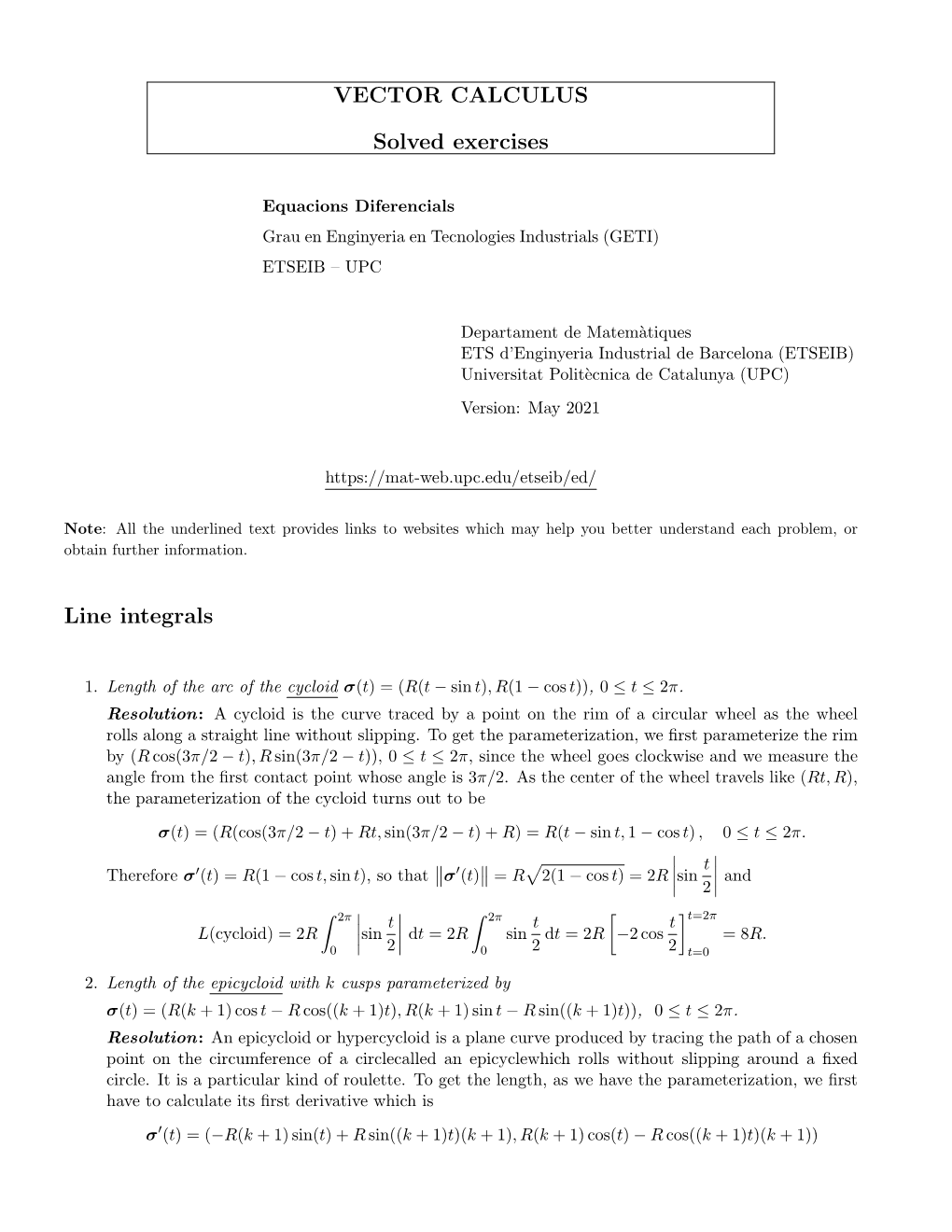 VECTOR CALCULUS Solved Exercises Line Integrals