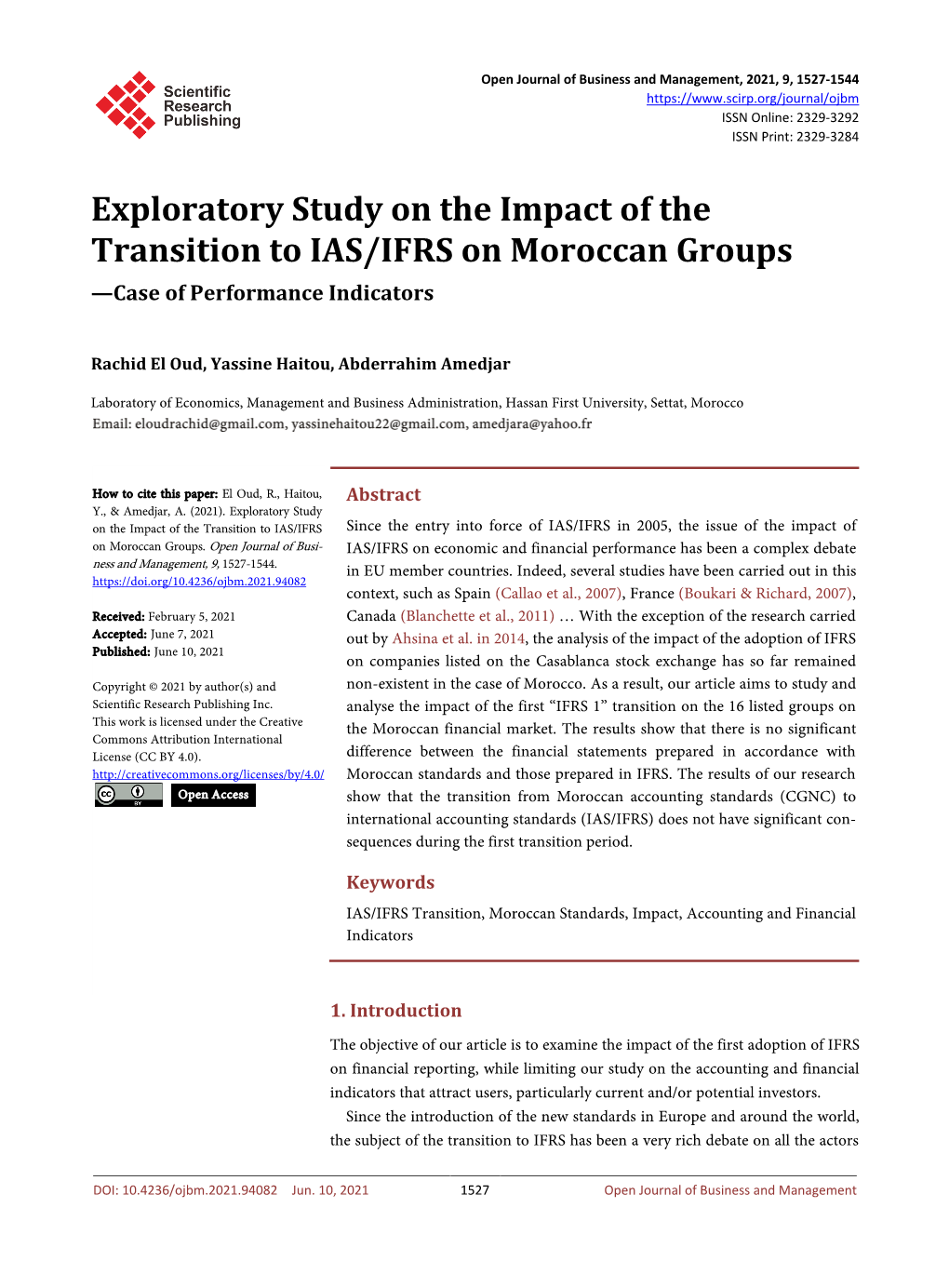 Exploratory Study on the Impact of the Transition to IAS/IFRS on Moroccan Groups —Case of Performance Indicators