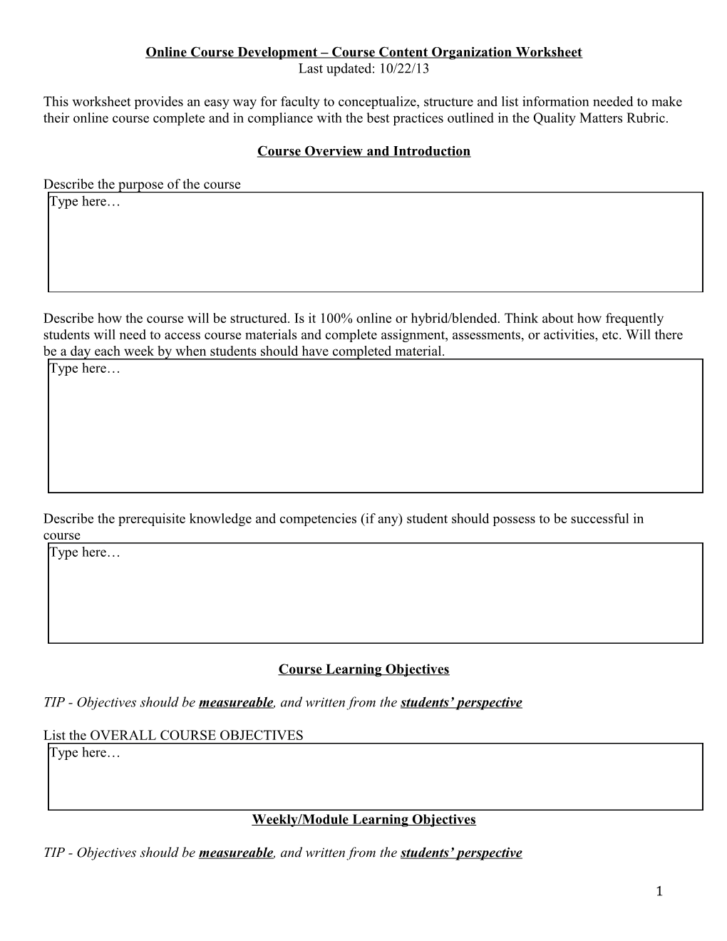 Course Content Organization Worksheet