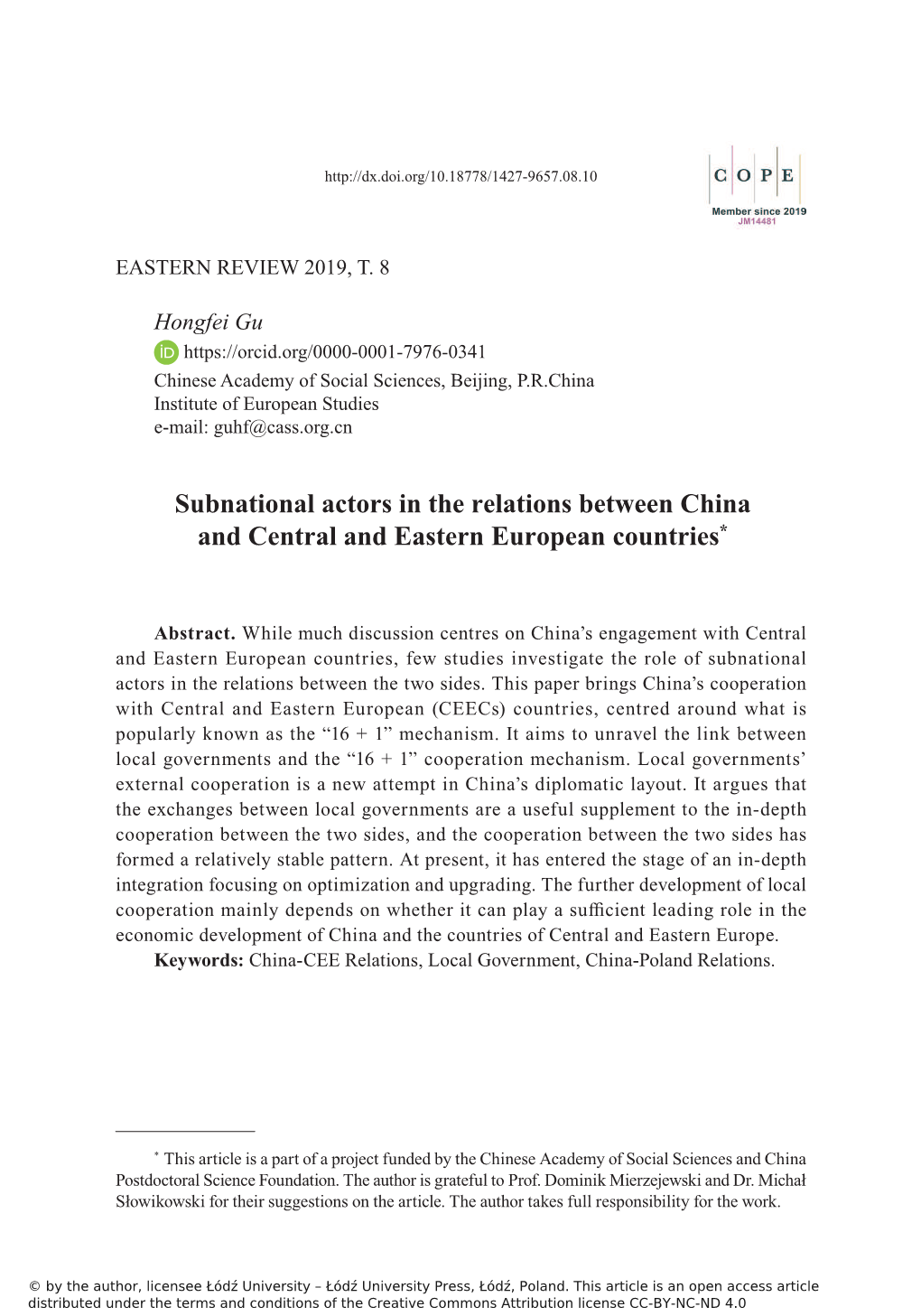 Subnational Actors in the Relations Between China and Central and Eastern European Countries*
