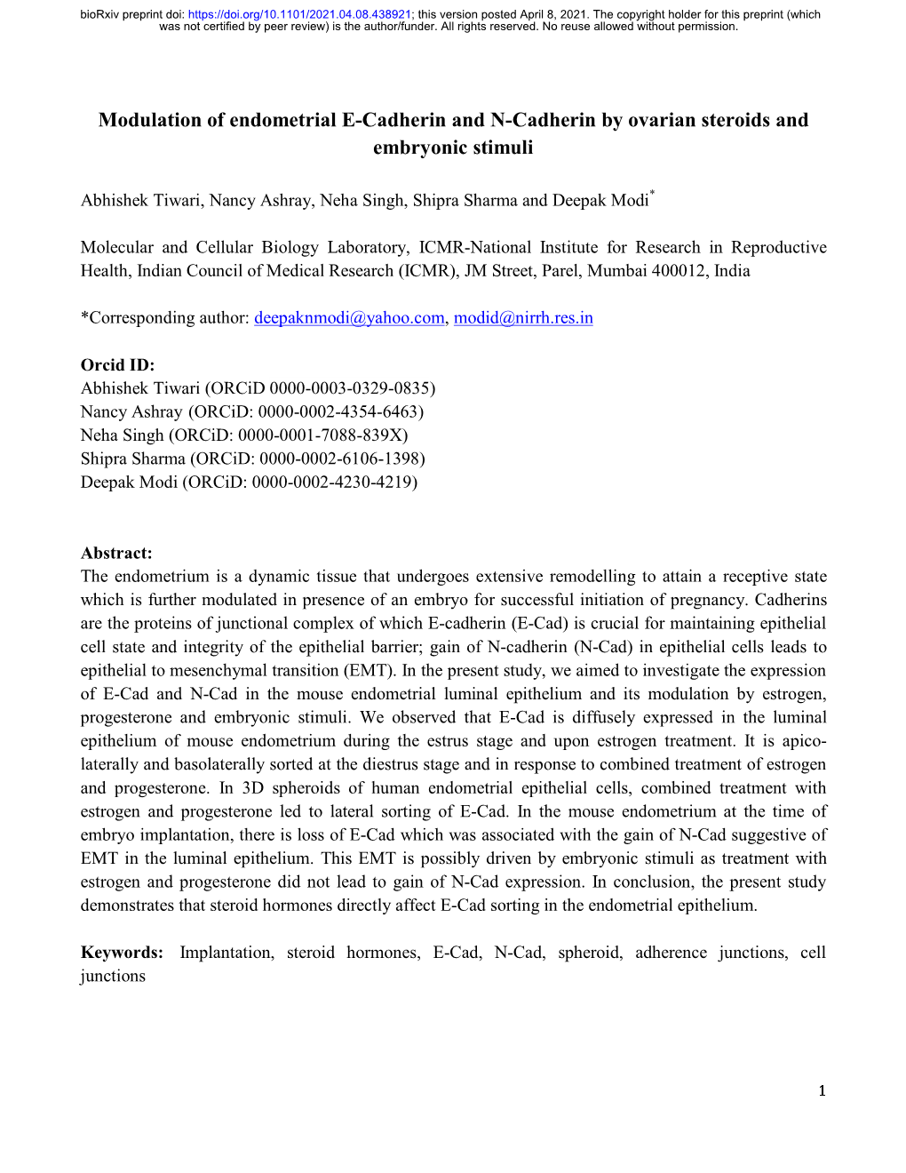 Modulation of Endometrial E-Cadherin and N-Cadherin by Ovarian Steroids and Embryonic Stimuli