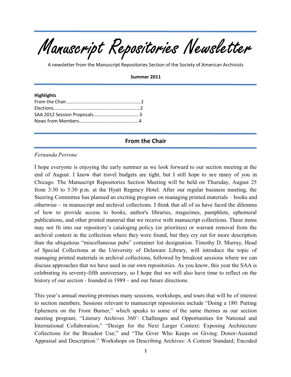 Manuscript Repositories Newsletter a Newsletter from the Manuscript Repositories Section of the Society of American Archivists