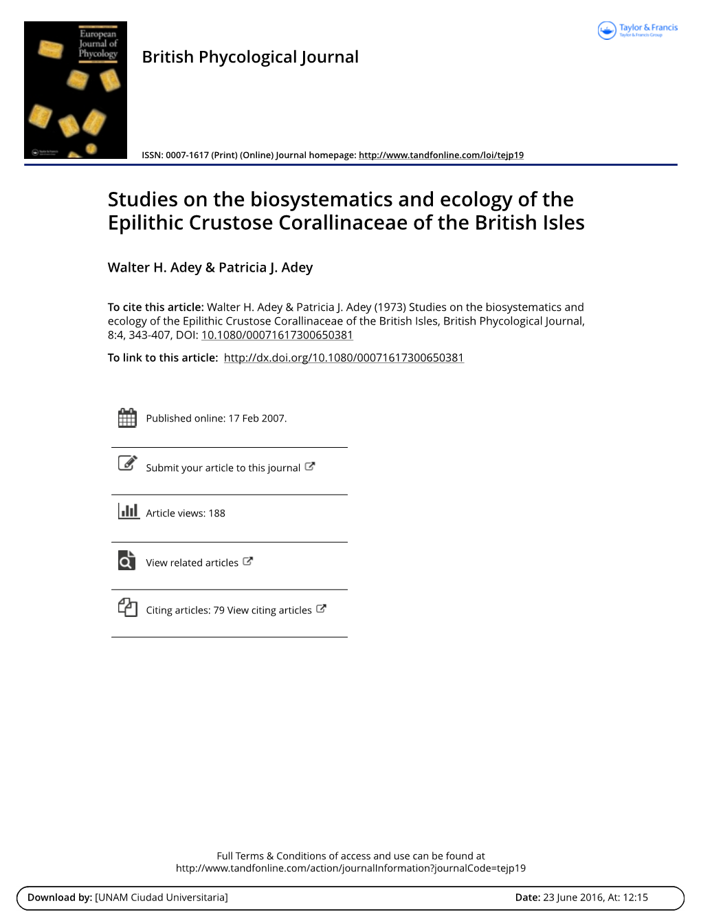 Studies on the Biosystematics and Ecology of the Epilithic Crustose Corallinaceae of the British Isles