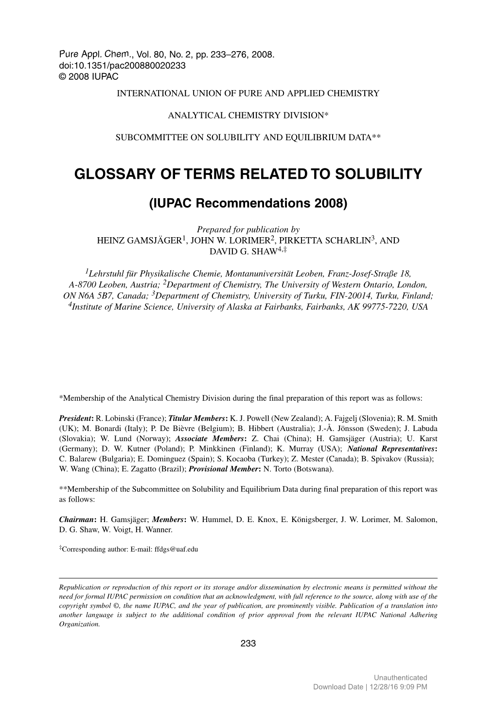 Glossary of Terms Related to Solubility (IUPAC Recommendations 2008)