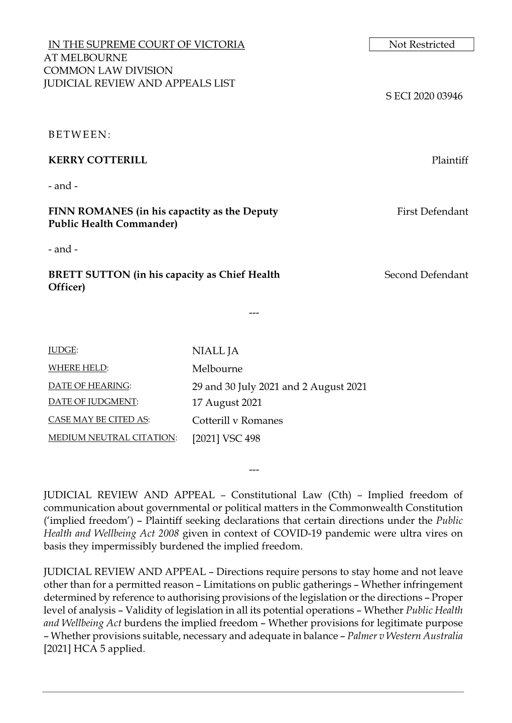 Cotterill V Romanes [2021] VSC 498.Pdf