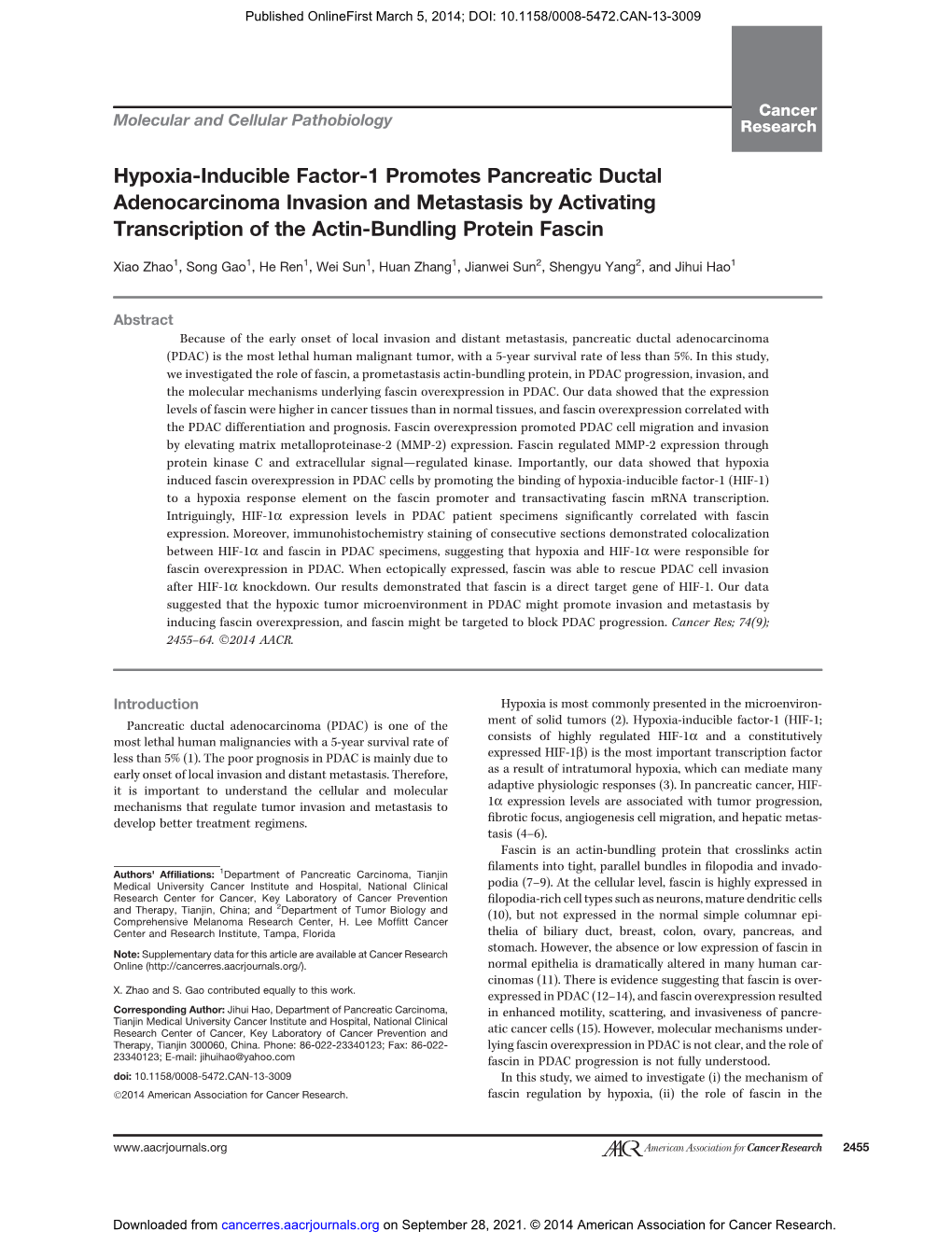 Hypoxia-Inducible Factor-1 Promotes Pancreatic Ductal Adenocarcinoma Invasion and Metastasis by Activating Transcription of the Actin-Bundling Protein Fascin