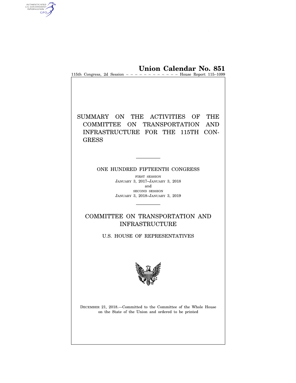 Union Calendar No. 851 115Th Congress, 2D Session – – – – – – – – – – – – House Report 115–1099