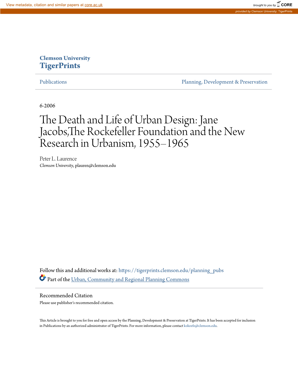 The Death and Life of Urban Design: Jane Jacobs,The Rockefeller