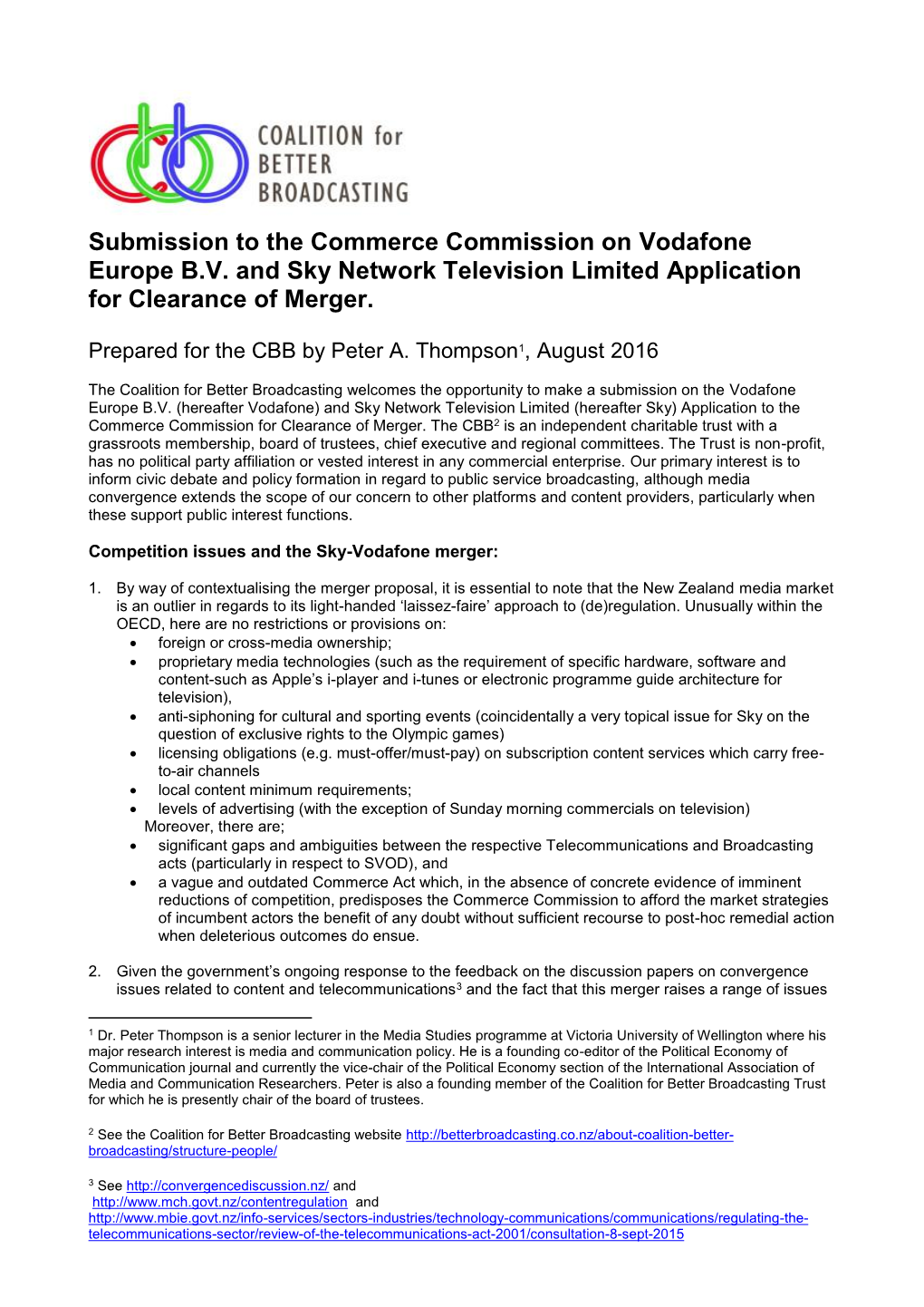 Coalition for Better Broadcasting – Submission Vodafone/Sky Merger