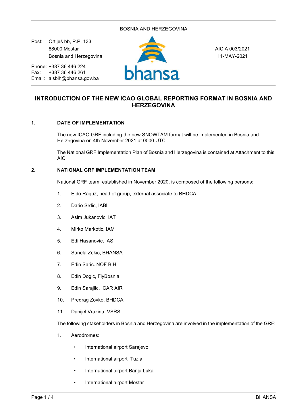 Introduction of the New Icao Global Reporting Format in Bosnia and Herzegovina