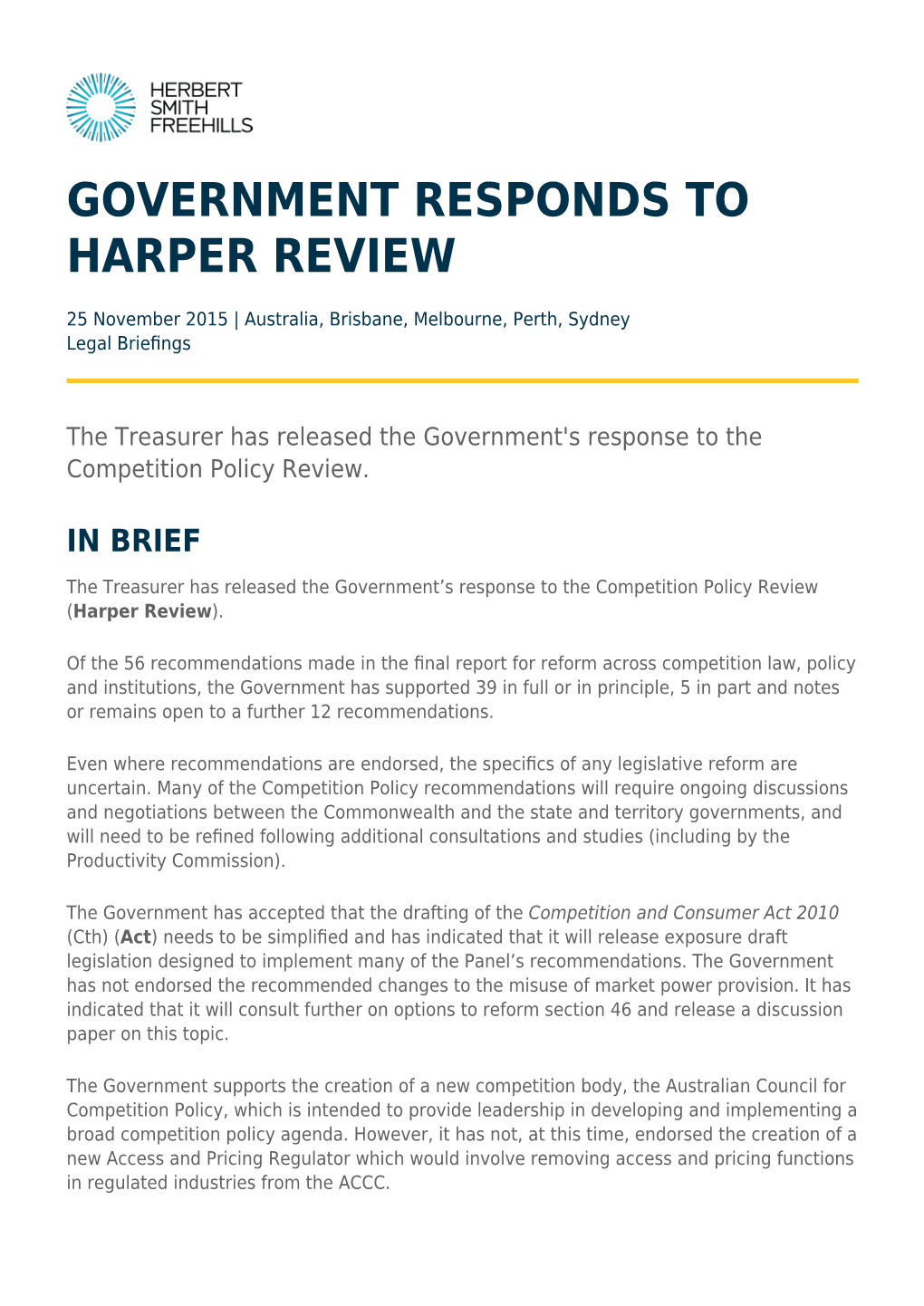 Government Responds to Harper Review