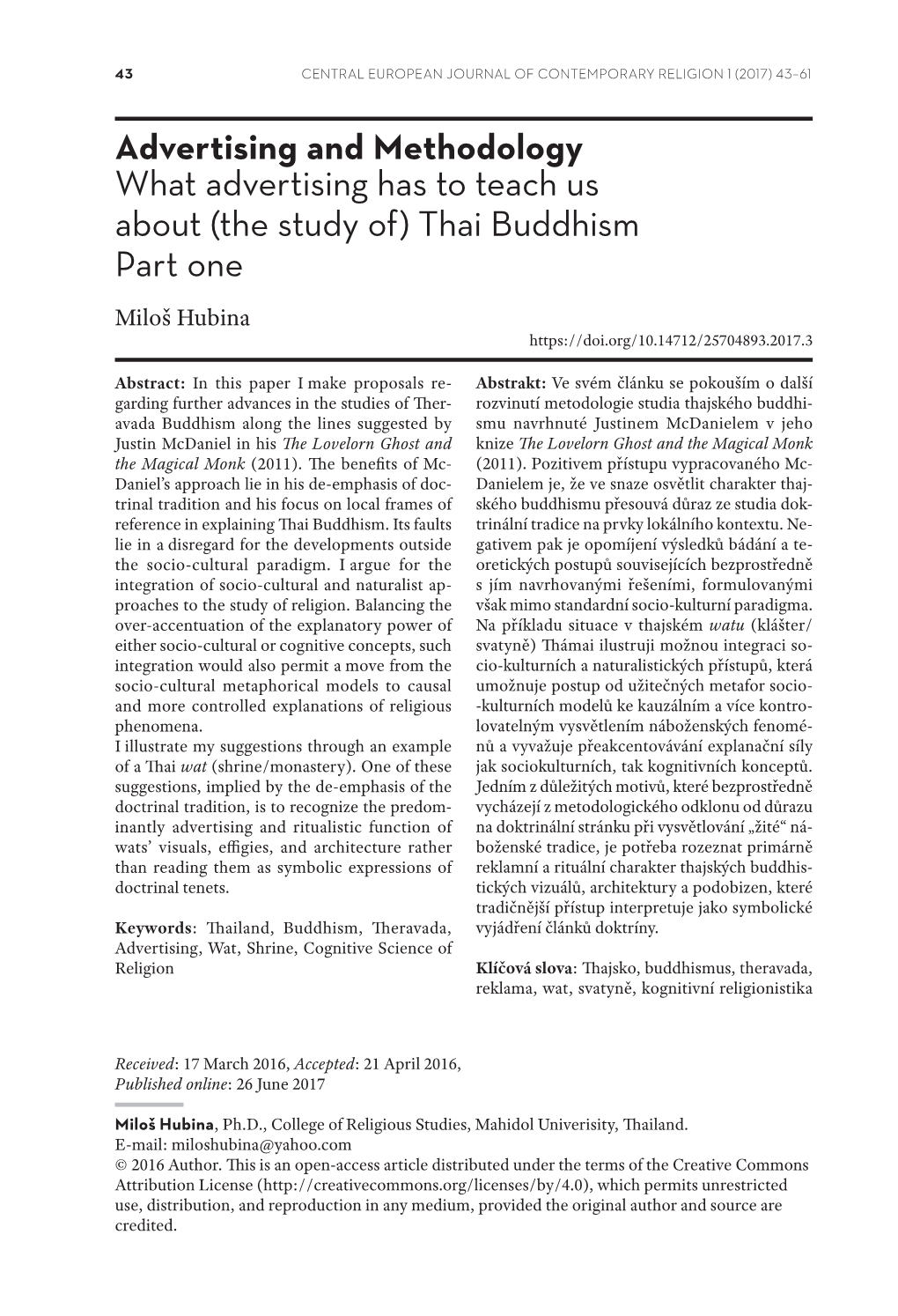 Thai Buddhism Part One Miloš Hubina