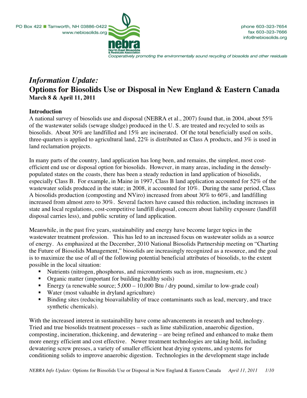 Information Update: Options for Biosolids Use Or Disposal in New England & Eastern Canada