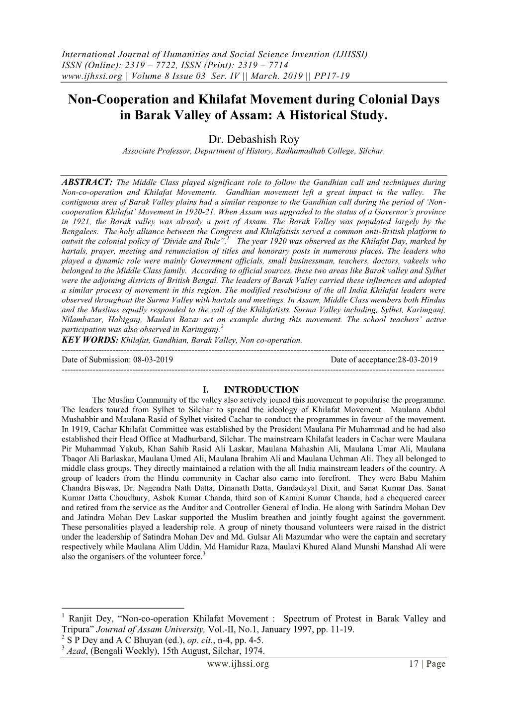 Non-Cooperation and Khilafat Movement During Colonial Days in Barak Valley of Assam: a Historical Study