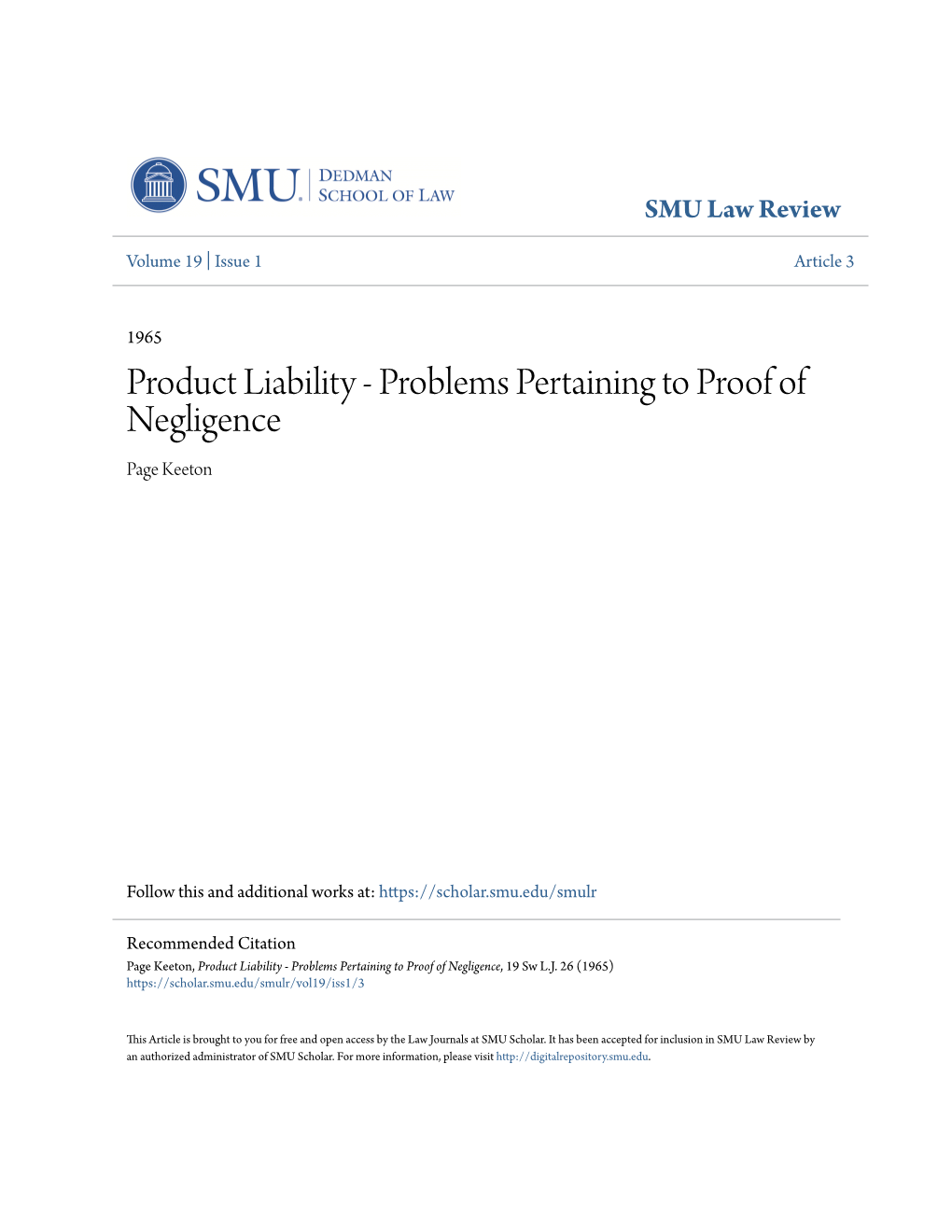 Product Liability - Problems Pertaining to Proof of Negligence Page Keeton