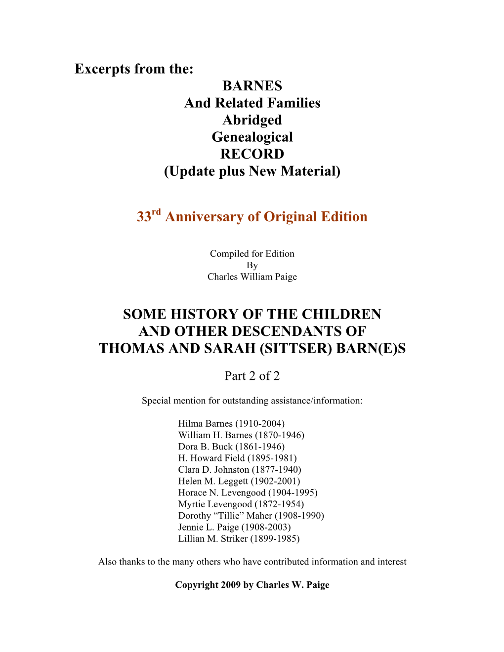 BARNES and Related Families Abridged Genealogical RECORD (Update Plus New Material)
