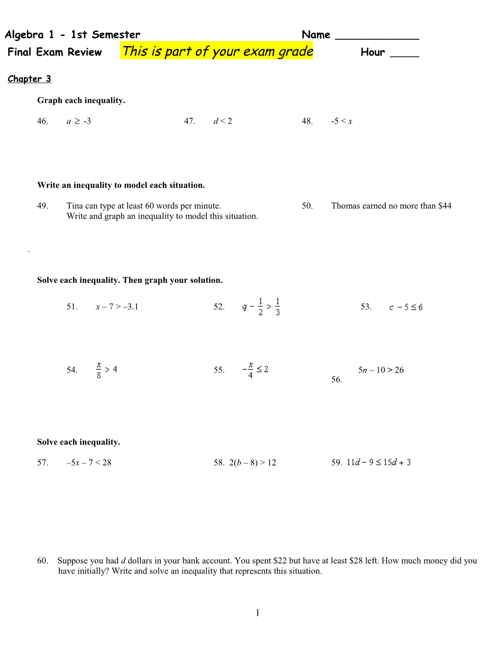 Algebra 1 - Final Exam Review - 1St Semester