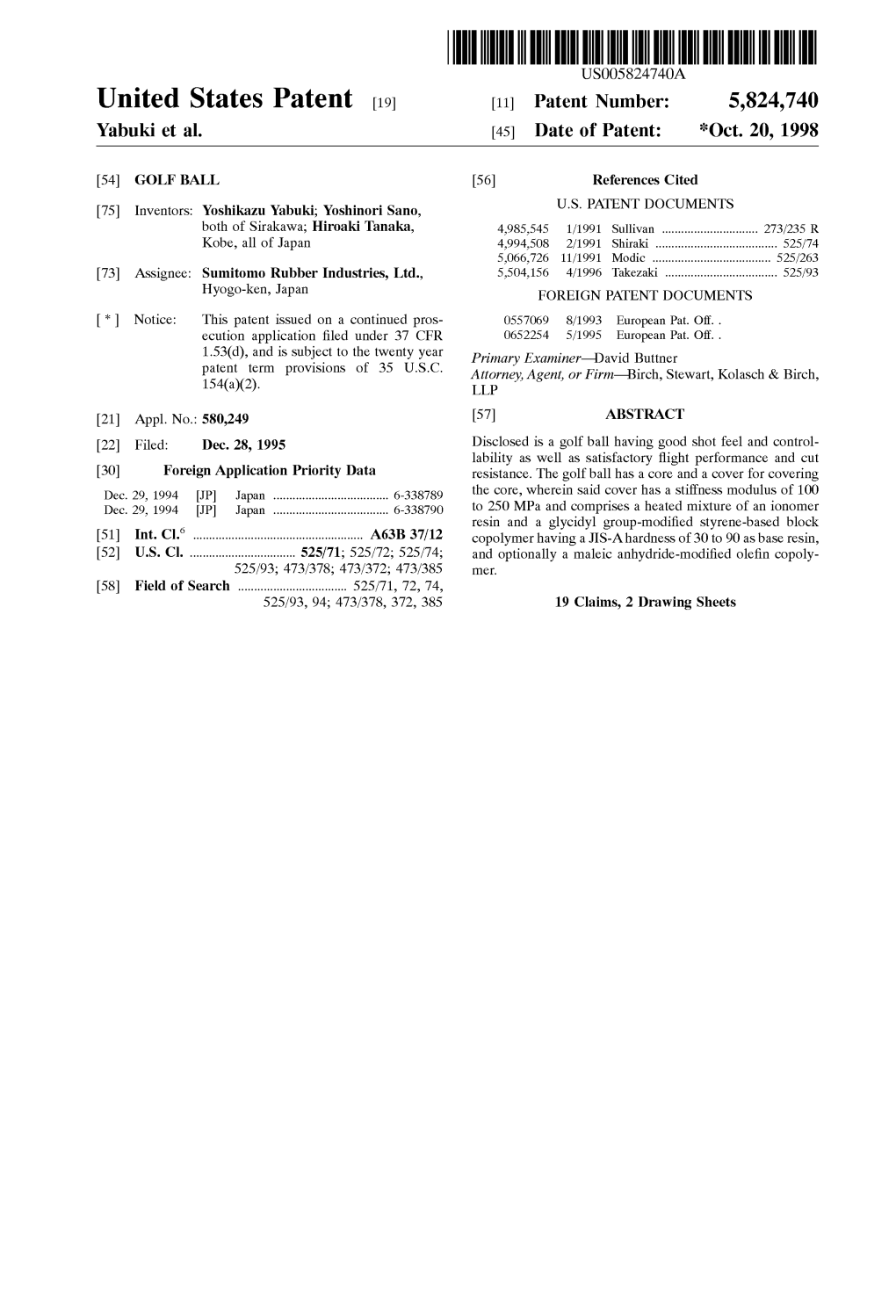 United States Patent (19) 11 Patent Number: 5,824,740 Yabuki Et Al