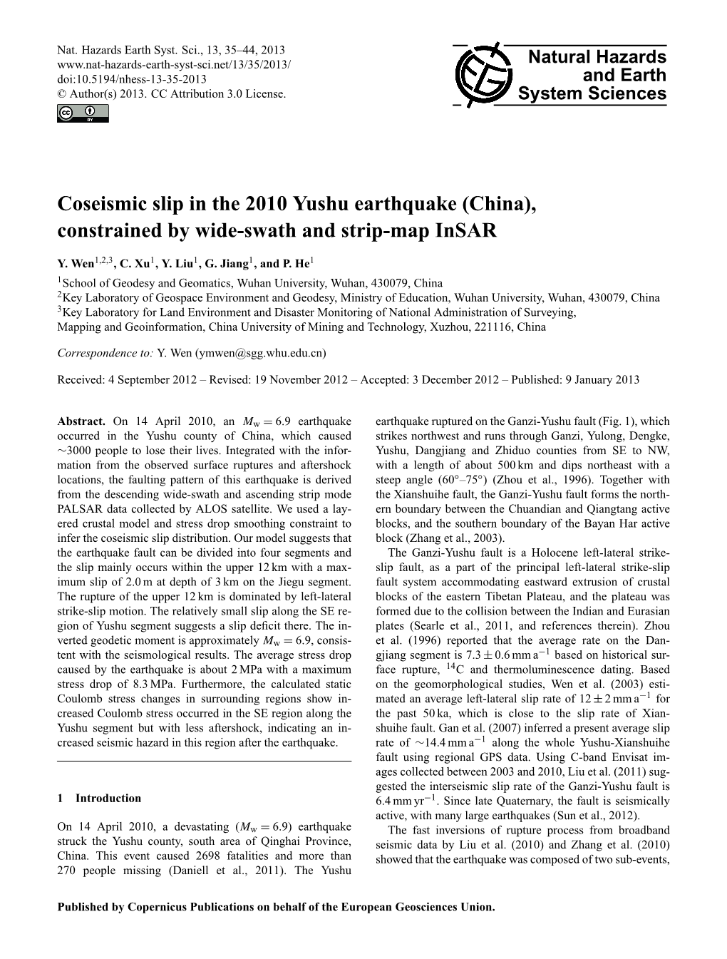 Coseismic Slip in the 2010 Yushu Earthquake (China), Constrained by Wide-Swath and Strip-Map Insar