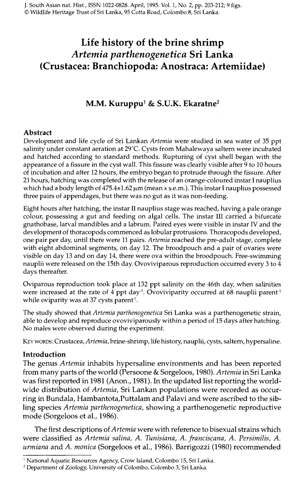 Life History of the Brine Shrimp Artemia Parthenogenetica Sri Lanka (Crustacea: Branchiopoda: Anostraca: Artemiidae)