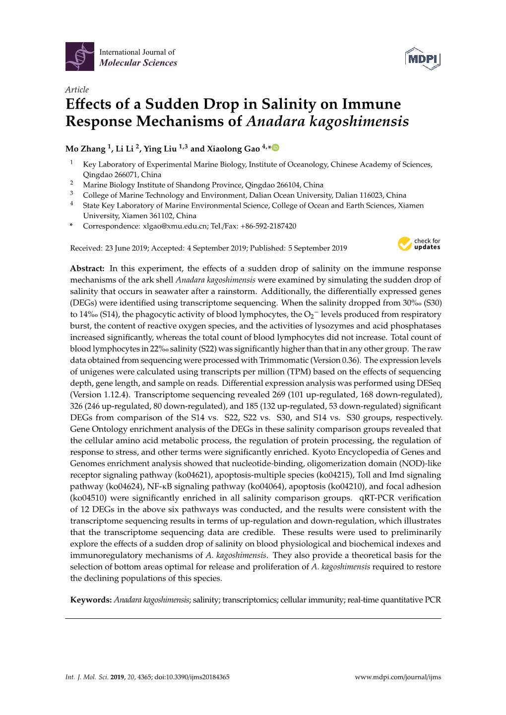 Effects of a Sudden Drop in Salinity on Immune Response Mechanisms Of