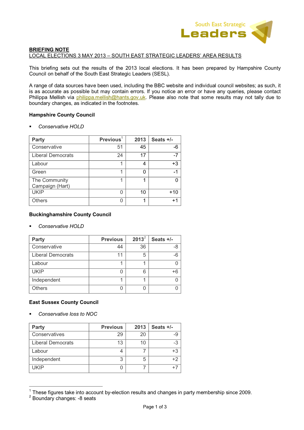 Briefing Note Local Elections 3 May 2013 – South East Strategic Leaders’ Area Results