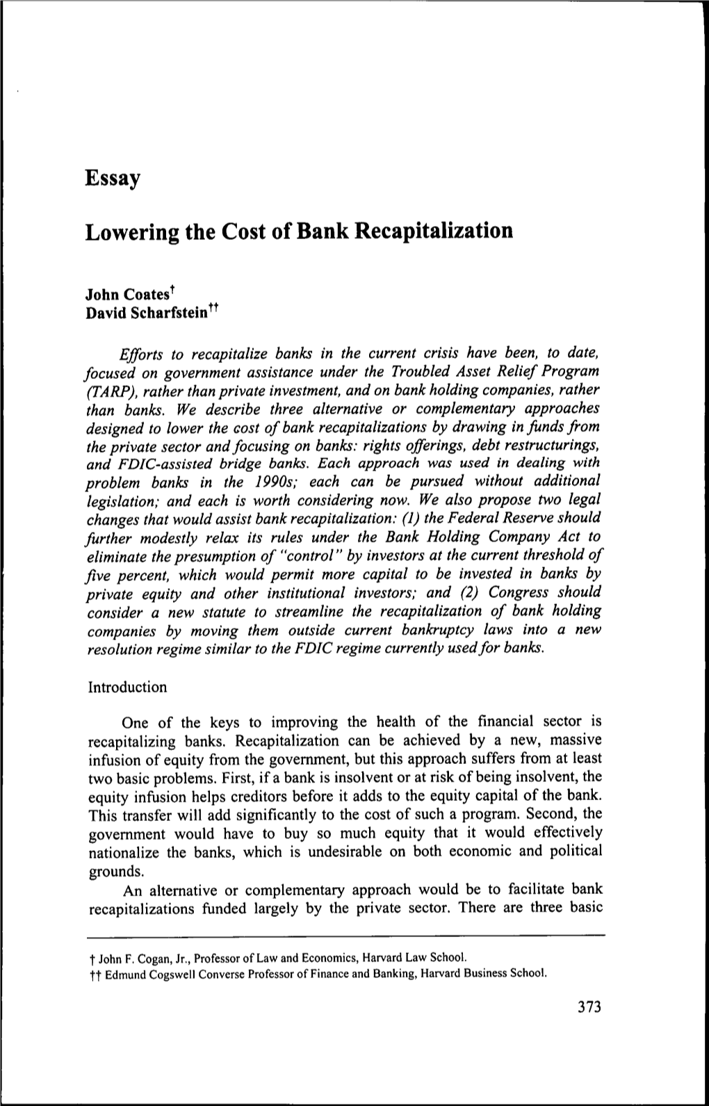 Essay Lowering the Cost of Bank Recapitalization